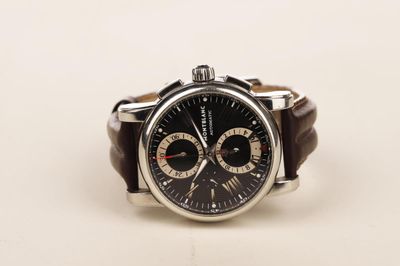 Montblanc Star chronograph with a black dial on a brown leather strap
